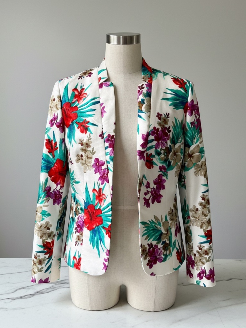 Floral Tropical Blazer Size 4 DN Designs Open Front Lightweight Spring Jacket